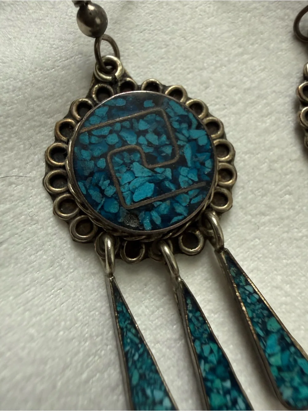 Vintage Native American Crushed Chip Turquoise Inlay Chandelier Silver Earrings